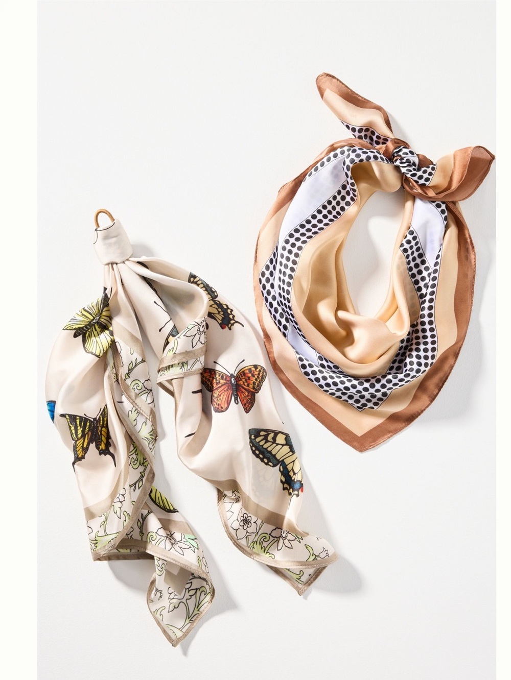 ๐ฆAnthropologie Silky Scarves Bag Head Hair Scarf Set of 2 Butterfly Polka Dot